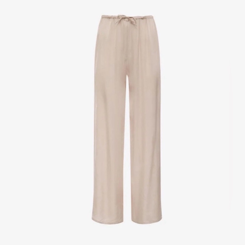 Cream Silk Drawstring Wide-Leg Lounge Pants